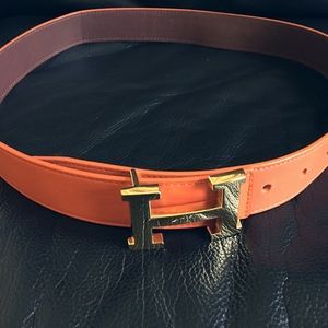 Hermes Classic Orange Leather Belt with Gold Logo